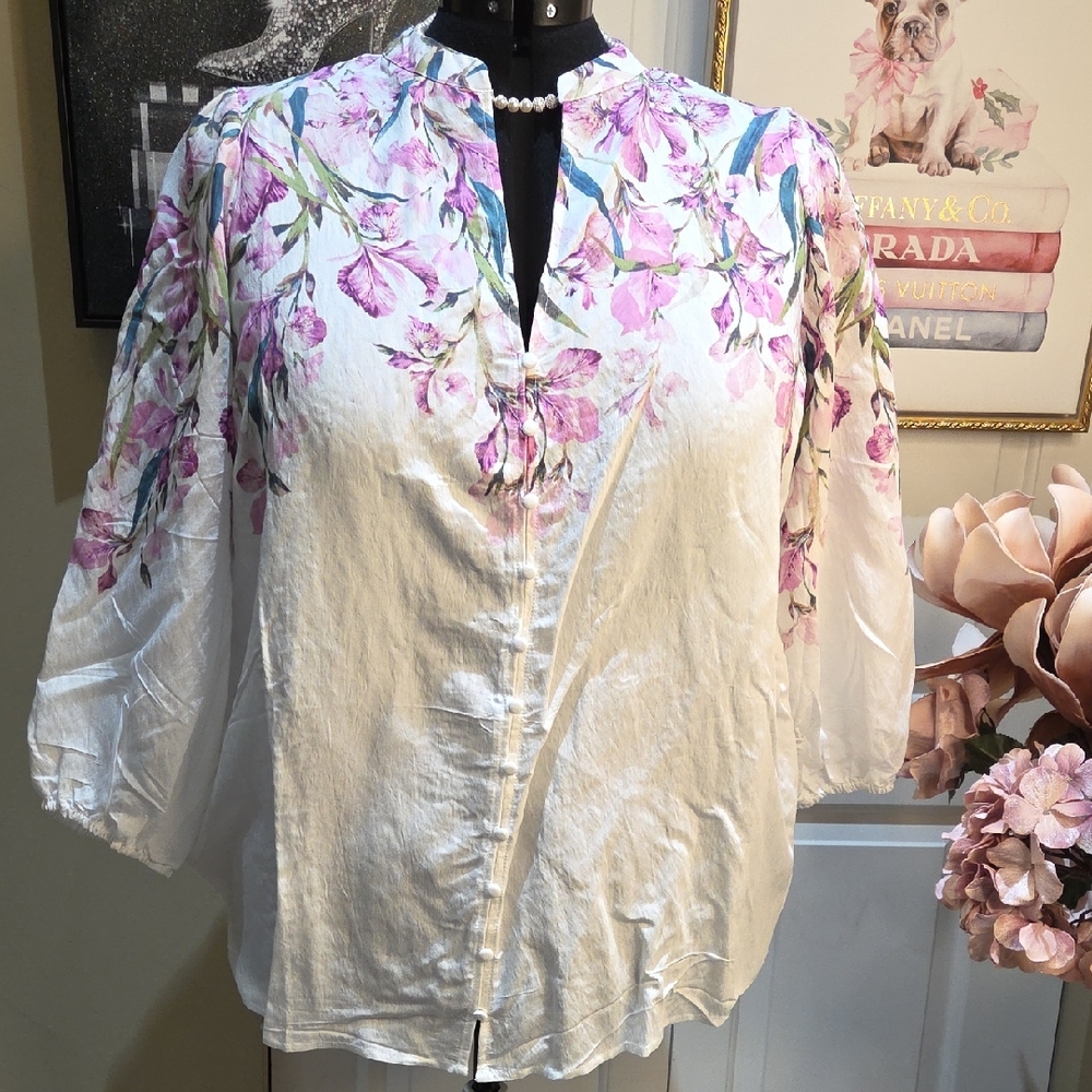 Nwt ALEX LILI 2X White Button-Down Blouse with Pink & Green Floral Print